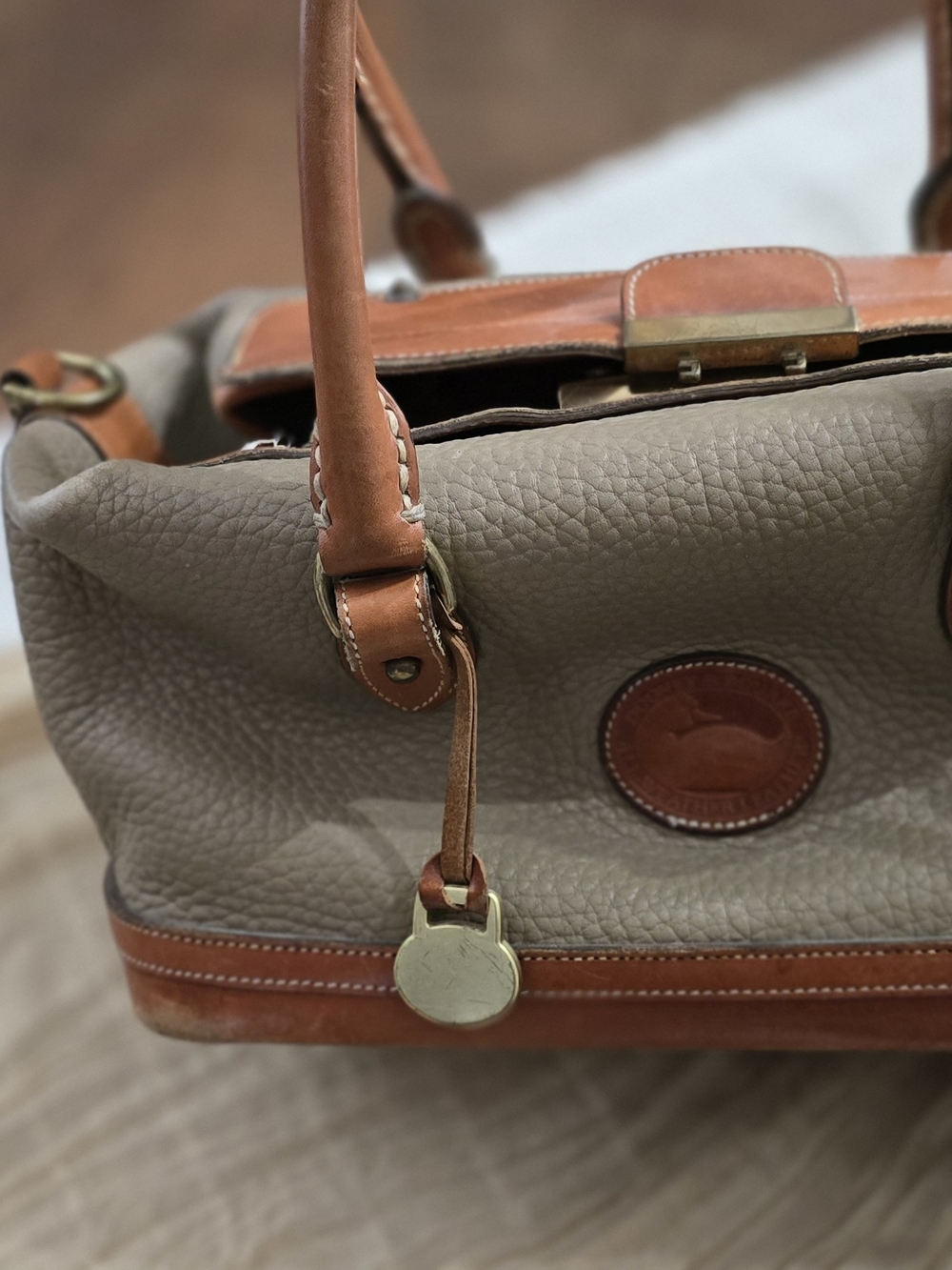 VINTAGE Dooney & Bourke Taupe Leather Satchel with Brown Trim